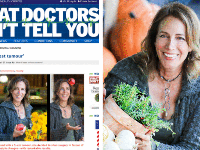 Photo of Beth Greer and her article, "How I Beat a Chest Tumour" in "What Doctors Don't Tell You" Magazine