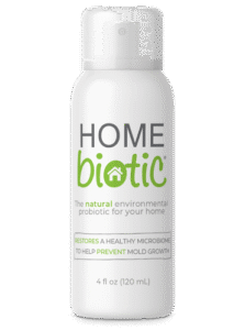 Bottle of Homebiotic, a clear, non-toxic spray to stop mold growth and musty odors